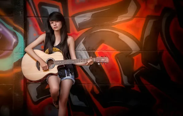 Wall, graffiti, guitar, guitarist