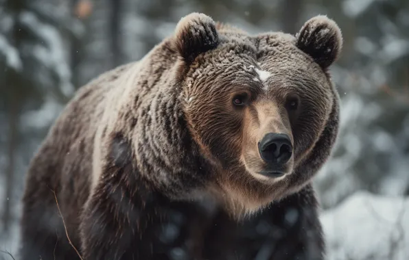 Winter, face, snow, bear, digital art, AI art, neural network, the art of artificial intelligence