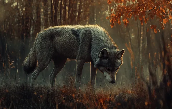 Autumn, forest, trees, branches, pose, grey, glade, wolf