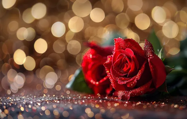 Drops, flowers, lights, lights, holiday, roses, blur, red