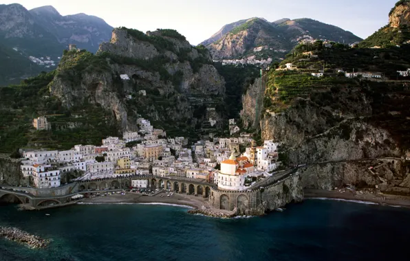 Sea, mountains, the city, coast, home, Italy, Atrani