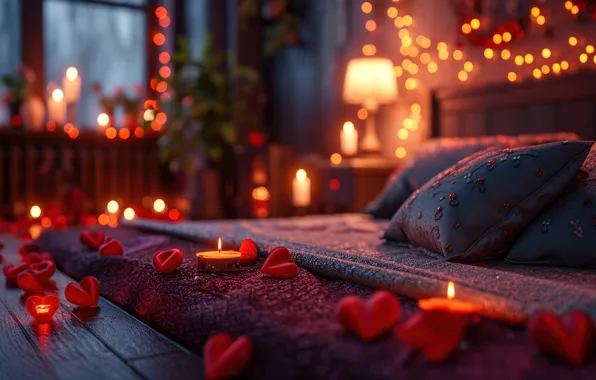 Decoration, love, lights, room, holiday, romance, heart, bed