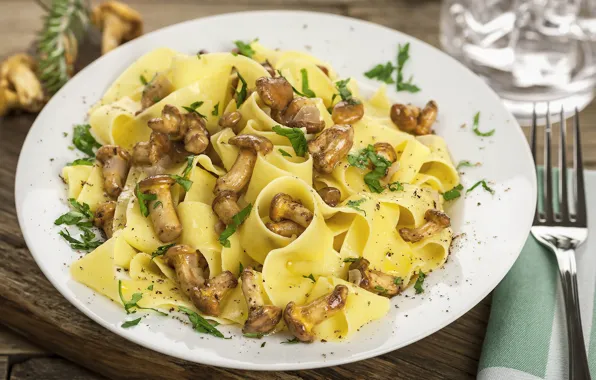 Mushrooms, plate, pasta