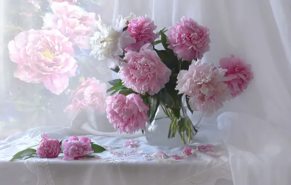 Vase, Bouquet, Buds, Petals, Still life, Peonies, Stems