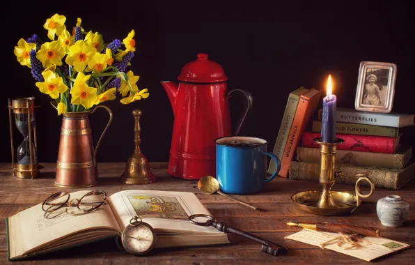 Flowers, style, photo, books, coffee, candle, bouquet, key