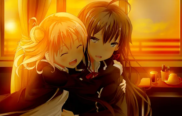 Girls, the evening, Schoolgirls, friend, sunset