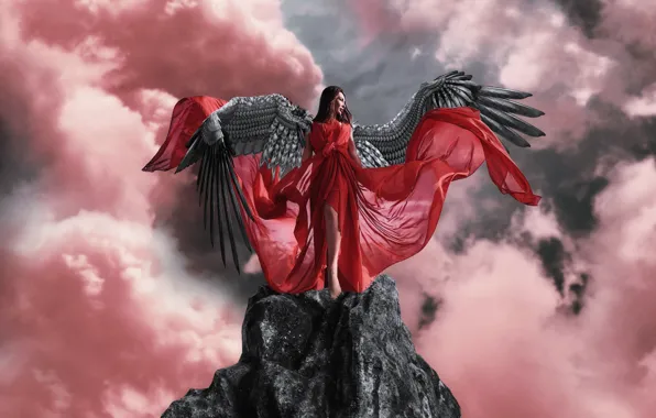 The sky, girl, clouds, light, clouds, rock, rendering, fantasy