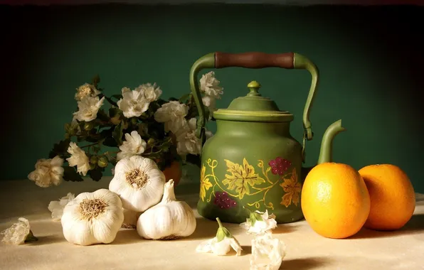 Flowers, table, kettle, Oranges, garlic