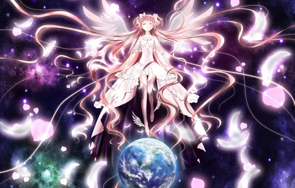 Girl, space, stars, earth, planet, wings, anime, feathers