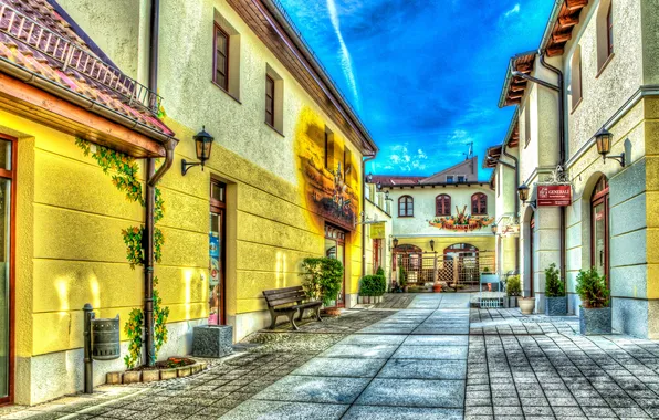 Picture bench, HDR, home, Germany, lights, signs, lane, Strausberg