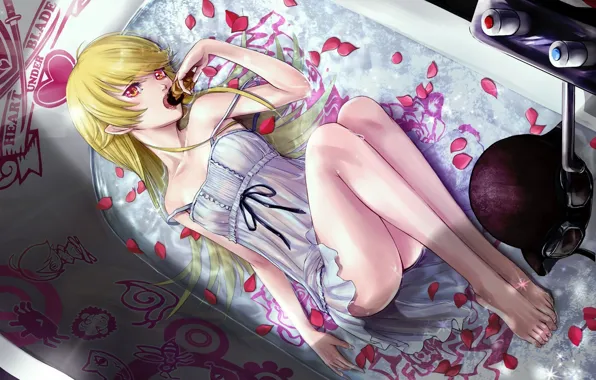 Water, girl, petals, drawings, bath, helmet, donut, bakemonogatari