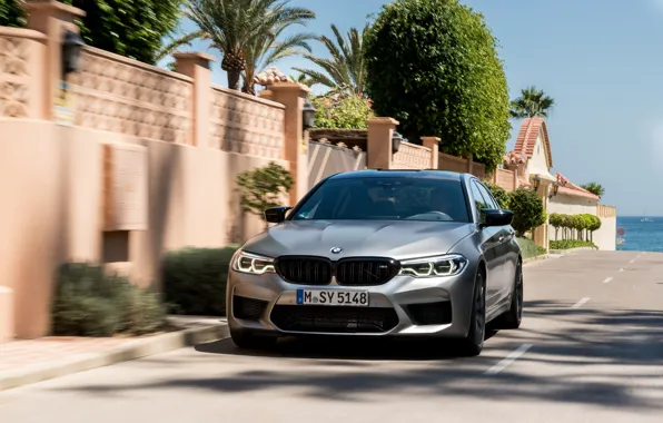 Picture grey, movement, the fence, BMW, sedan, 4x4, shrub, 2018