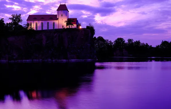 Sunset, Lake, Church, Rock, Twilight, Sunset, Church, Lake