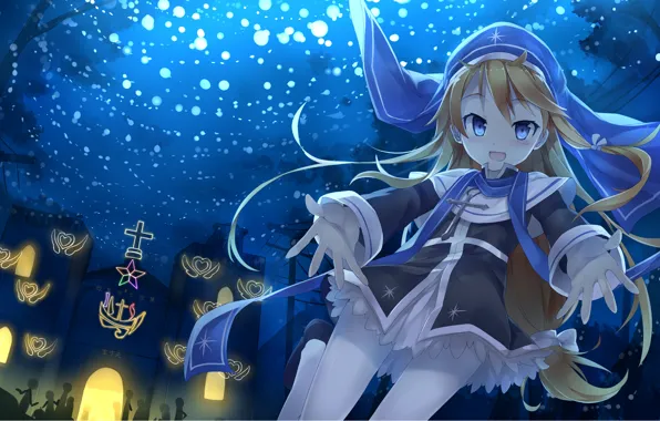 Picture girl, lights, cross, night, magic, Church, shadow