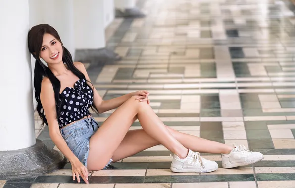 Look, girl, pose, smile, shorts, hands, brunette, top