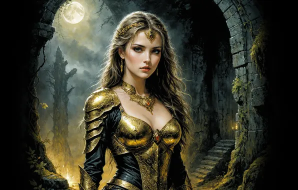 Girl, night, the moon, fantasy, neural network, ai art
