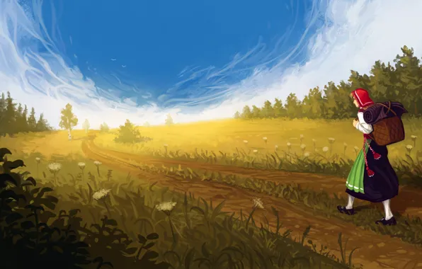 Picture road, field, forest, the sky, girl, clouds, flowers, art