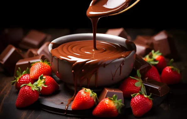 Berries, the dark background, table, Board, chocolate, strawberry, spoon, bowl