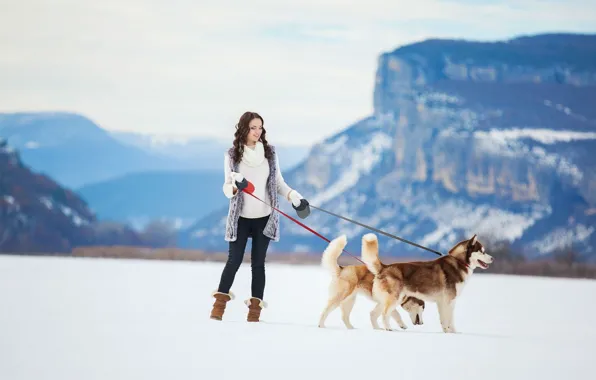 Picture Girl, winter, snow, dogs, siberian husky