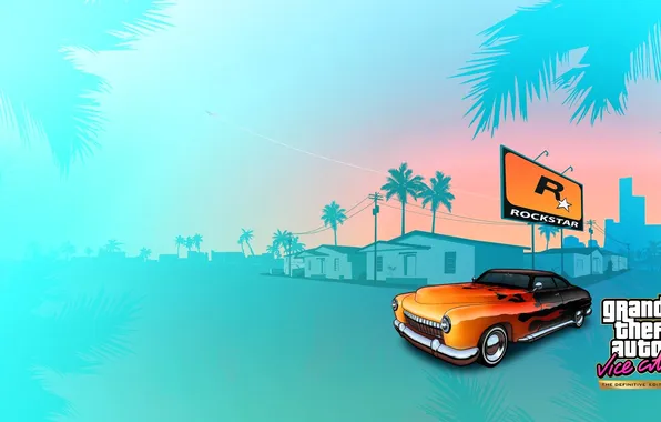 Machine, palm trees, street, home, Billboard, Grand Theft Auto: Vice City