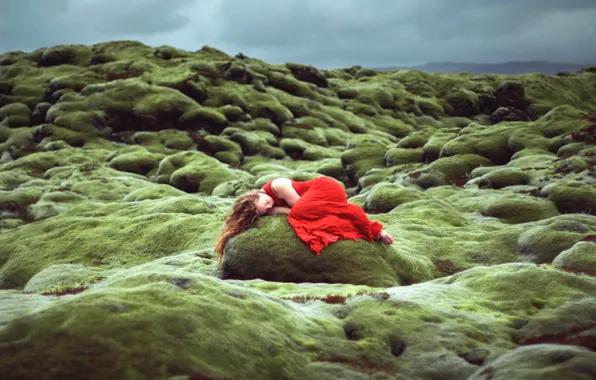 Girl, stone, sleep, in red, Lizzy Gadd