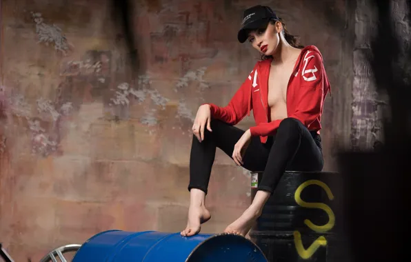 Picture model, jeans, brunette, open clothes, no bra, red lipstick, looking at viewer, baseball caps