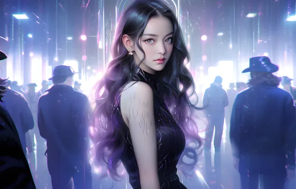 Asian, long hair, hat, women, digital art, earring, wavy hair, looking at viewer