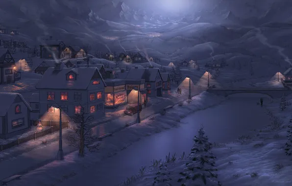 Picture winter, the sky, mountains, night, bridge, river, street, home