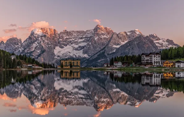 Mountains, lake, reflection, building, home, Italy, Italy, The Dolomites