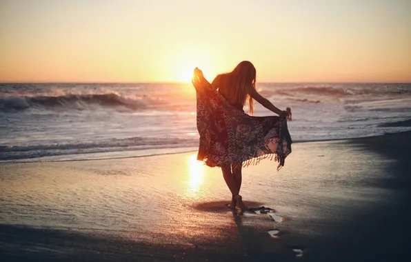 Beach, girl, sunset, traces, shawl