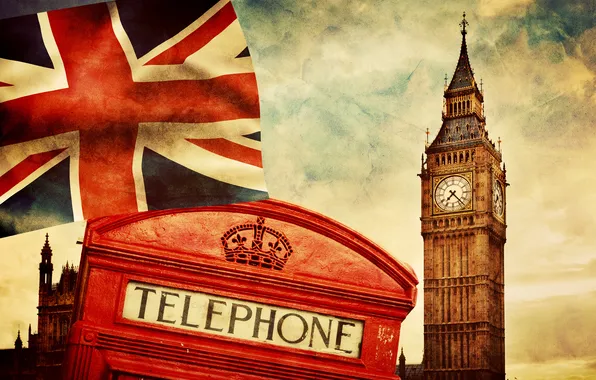 Picture England, London, vintage, symbol, London, England, Big Ben, telephone