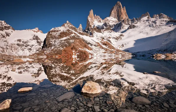 The sky, snow, mountains, lake, reflection, mirror