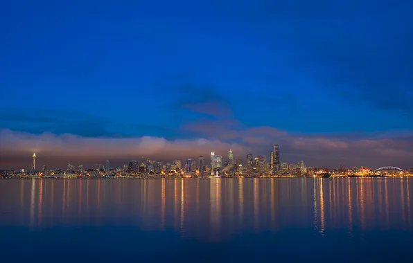 Picture pacific ocean, night, harbor, blue hour, seattle