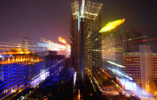The sky, rays, light, line, night, the city, lights, movement