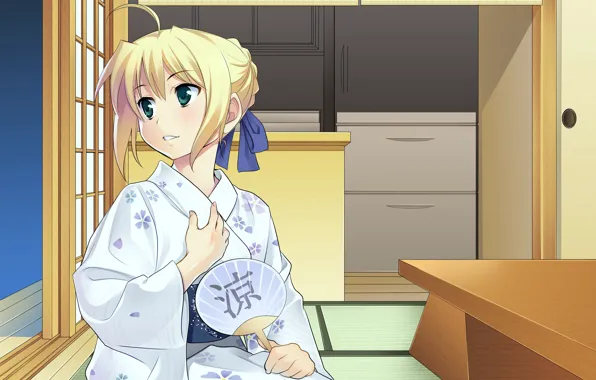 Girl, room, fan, yukata, the saber, Fate stay night, Fate / Stay Night