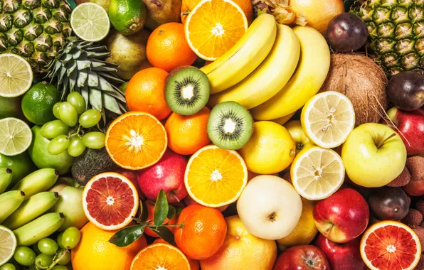 Apples, oranges, kiwi, grapes, bananas, fruit, bright colors, a lot