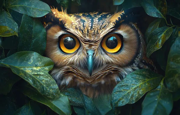 Look, leaves, nature, the dark background, owl, bird, portrait, owl