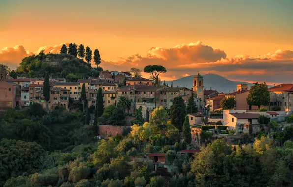 Clouds, sunset, tower, silhouette, hill, Italy, Church, Tuscany