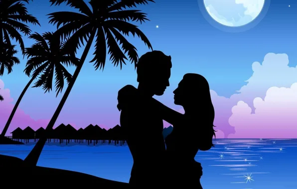 Picture sea, palm trees, vector, pair, lovers