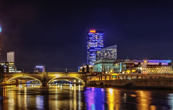 The sky, night, lights, river, building, home, lights, USA