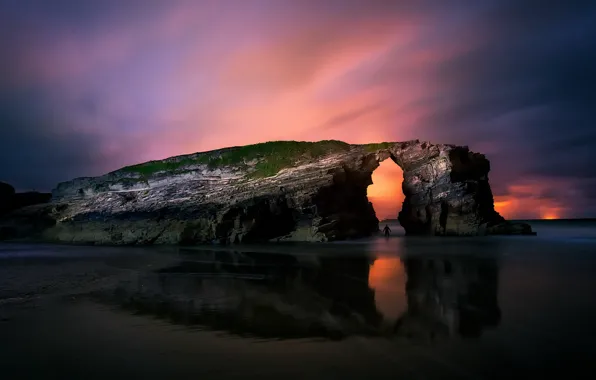 Beach, twilight, sea, landscape, nature, Sunset, rocks, arch