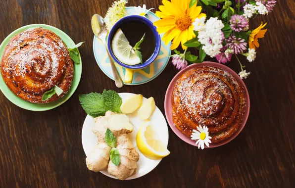 Picture lemon, tea, Cup, lemon, grass, cakes, cup, bun