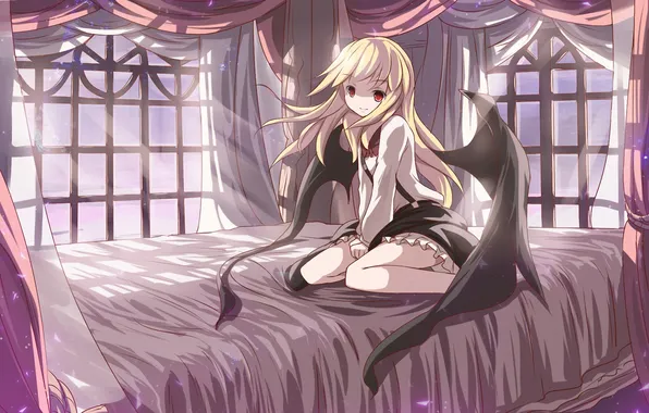 Picture girl, bed, wings, the demon, art, touhou, risuta an, institution