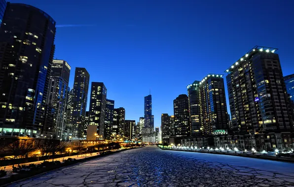 Night, the city, building, skyscrapers, Chicago, Il