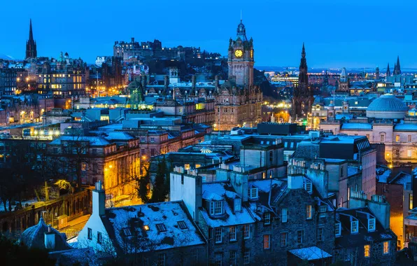 Snow, night, lights, home, Scotland, Edinburgh