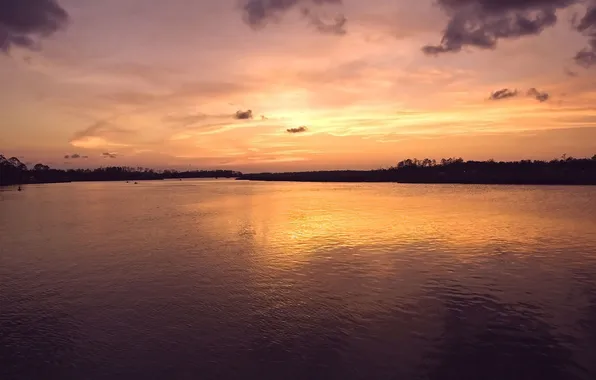 The sky, water, clouds, light, sunset, nature, river, light