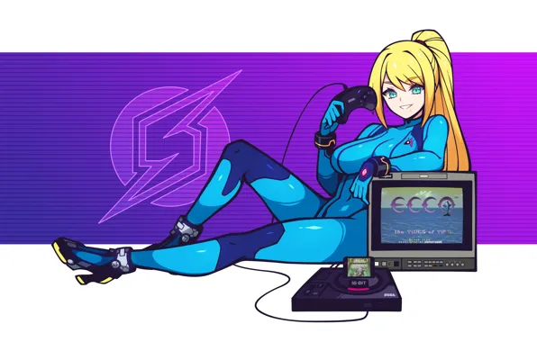 Long hair, blue eyes, ponytail, blonde, big boobs, smiling, Samus Aran, thighs