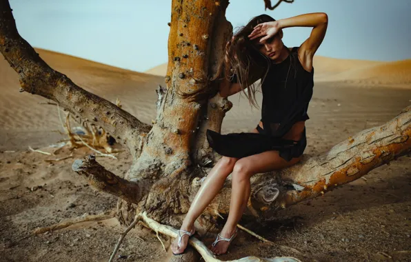 Picture girl, tree, desert, model, Chromatropic