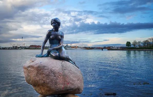 Denmark, port, statue, The little mermaid, Denmark, Copenhagen, Copenhagen