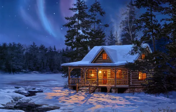 Winter, forest, water, stars, light, snow, night, house